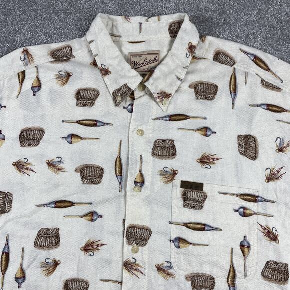 Woolrich Button Up Shirt Mens Extra Large Fishing Novelty Print Lure Bobber - Picture 1 of 11
